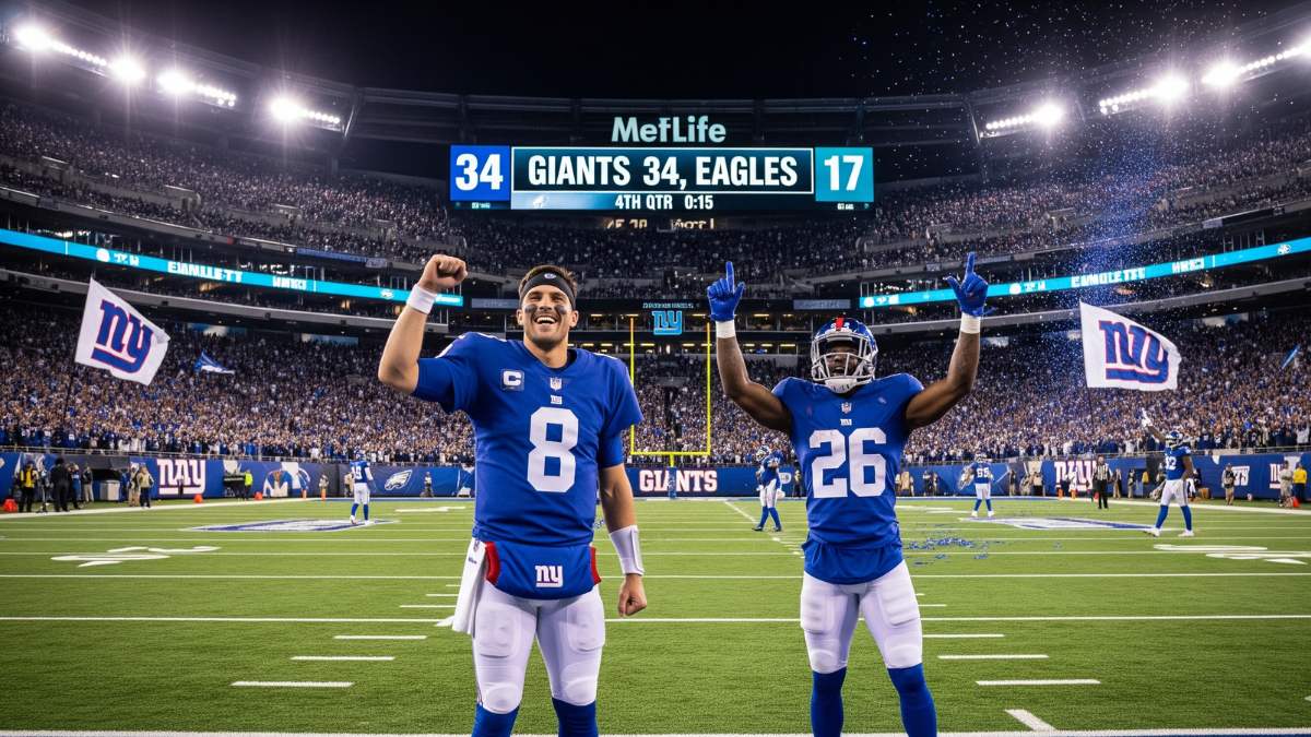 A high-energy, cinematic view of a night football game at MetLife Stadium. A rookie New York Giants quarterback, number 8, stands in the end zone with his right fist raised in triumph, smiling confidently. Beside him, a rookie Giants running back, number 26, is celebrating with both arms in the air. The bright scoreboard above them clearly shows 'GIANTS 34, EAGLES 17' in the 4th quarter. The stadium is packed with a roaring crowd waving blue and white Giants flags, celebrating a massive upset victory. Confetti is raining down, and bright stadium lights illuminate the thrilling scene