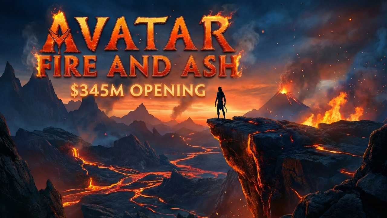 Avatar Fire and Ash movie thumbnail showing fiery visuals and $345 million global box office opening
