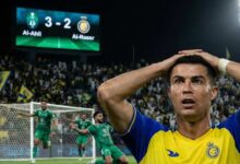 Cristiano Ronaldo reacts after missing a key chance as Al-Ahli defeat Al-Nassr 3-2 in a Saudi Pro League match in Jeddah
