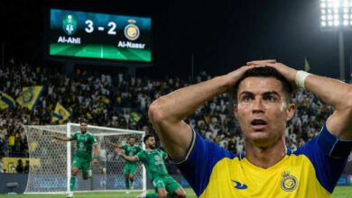 Cristiano Ronaldo reacts after missing a key chance as Al-Ahli defeat Al-Nassr 3-2 in a Saudi Pro League match in Jeddah