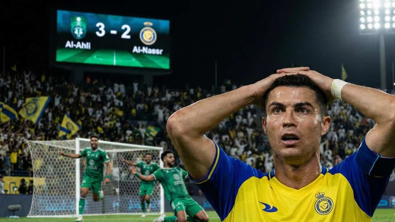 Cristiano Ronaldo reacts after missing a key chance as Al-Ahli defeat Al-Nassr 3-2 in a Saudi Pro League match in Jeddah